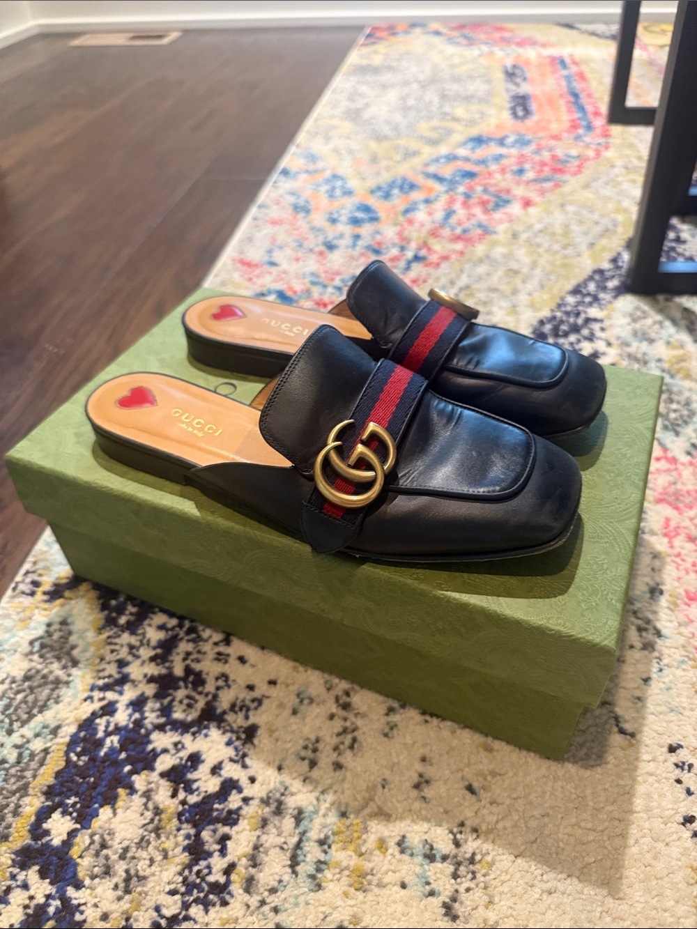 Gucci Black Leather Mule with Red and Navy Web and Gold Double G